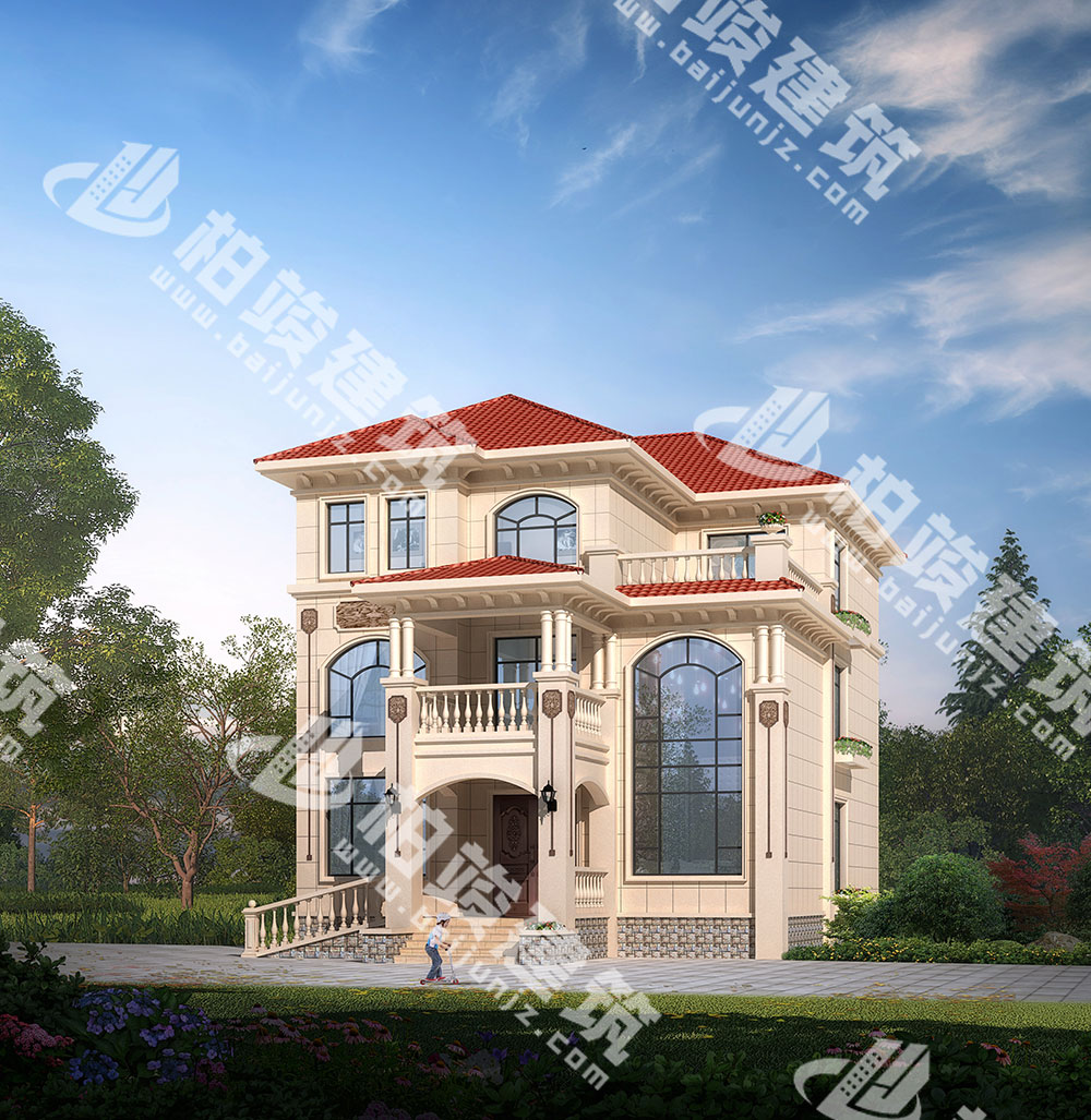農(nóng)村三層別墅設(shè)計圖紙，簡歐風(fēng)格，帶雙層落地窗、輪椅坡道