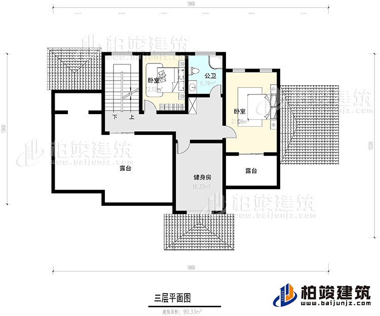 三層：2臥室，公衛(wèi)，健身房，2露臺。
