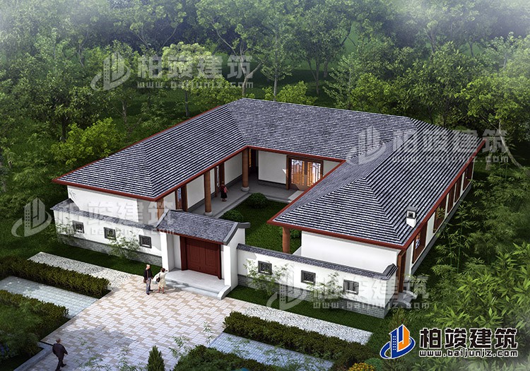 中式三合院平房設計圖及效果圖、施工圖BZ168-新中式風格