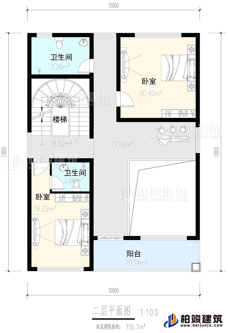 二層：2臥室，內(nèi)衛(wèi)，公衛(wèi)，樓梯，陽臺(tái)
