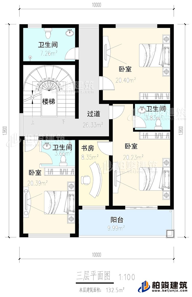 三層：3臥室，2內(nèi)衛(wèi)，公衛(wèi)，樓梯，書房，陽臺(tái)