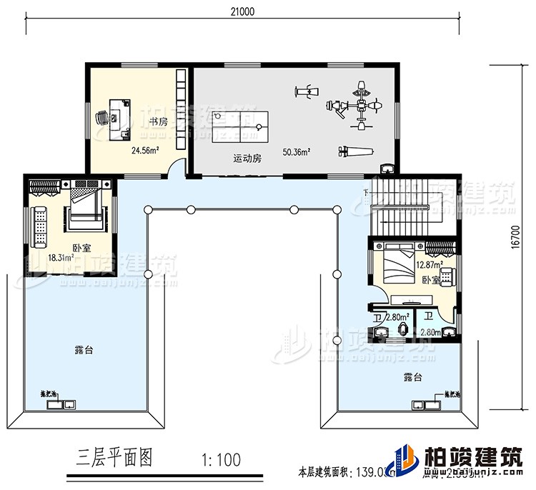 三層：書房，運(yùn)動(dòng)房，2臥室，2衛(wèi)生間，露臺(tái)