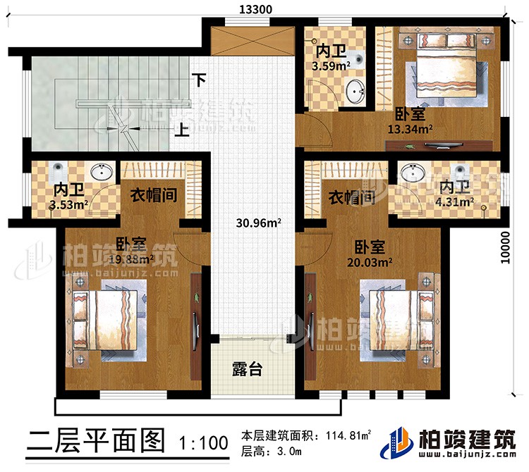 二層：3臥室、2衣帽間、3內(nèi)衛(wèi)、露臺(tái)