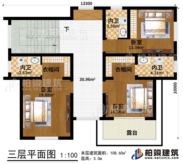 三層：3臥室、2衣帽間、3內(nèi)衛(wèi)、露臺(tái)