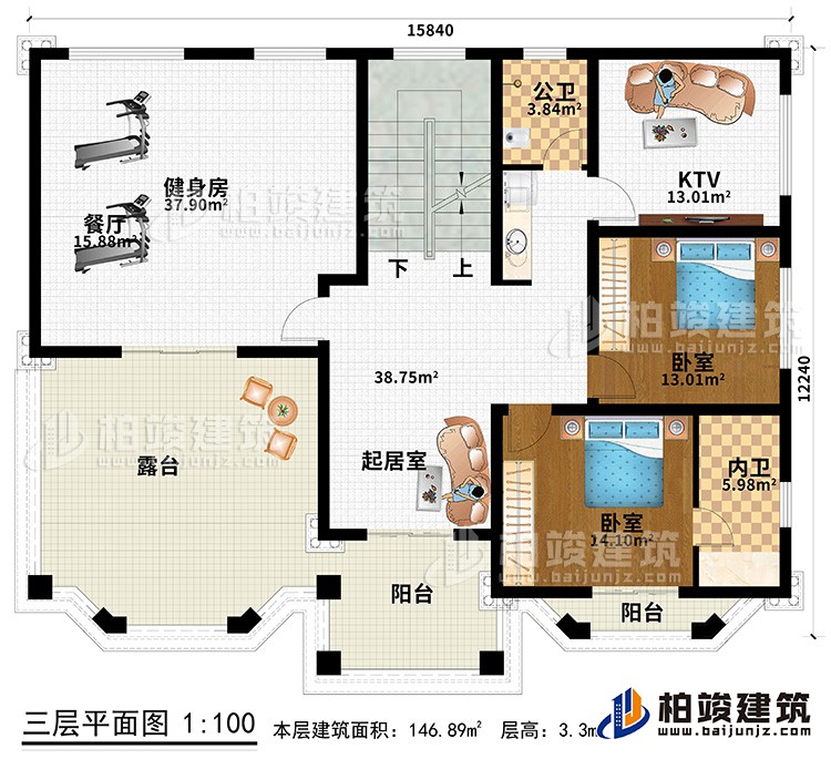 三層：健身房、起居室、2臥室、KTV、公衛(wèi)、內(nèi)衛(wèi)、露臺(tái)、2陽(yáng)臺(tái)
