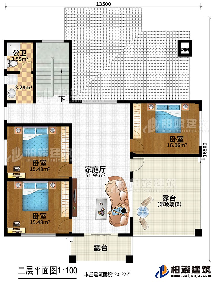 二層：3臥室，家庭廳，2露臺(tái)，公衛(wèi)。