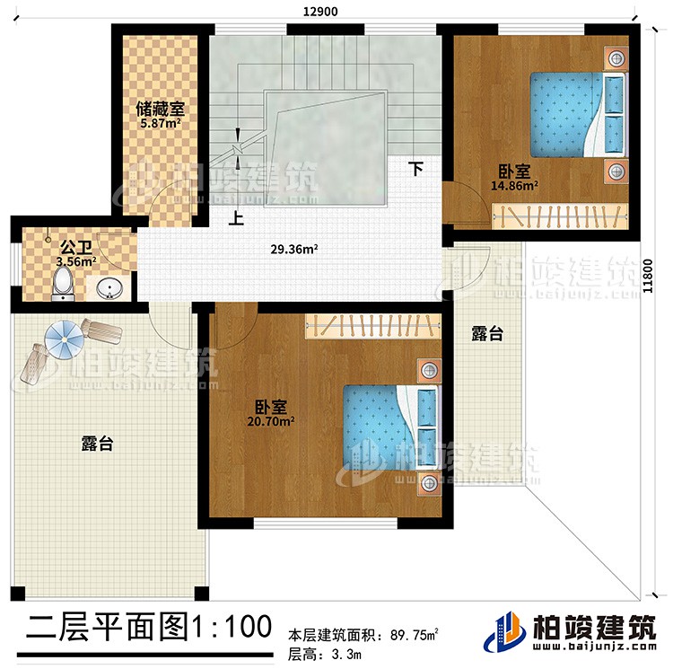 二層：2臥室、公衛(wèi)、儲(chǔ)藏室、2露臺(tái)