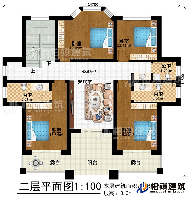 二層：2露臺(tái)、陽(yáng)臺(tái)、4臥室、2內(nèi)衛(wèi)、公衛(wèi)、起居室