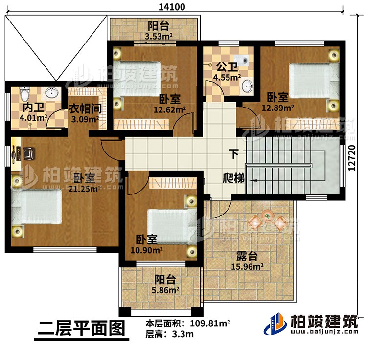 二層：4臥室，公衛(wèi)，內(nèi)衛(wèi)，2陽臺，露臺
