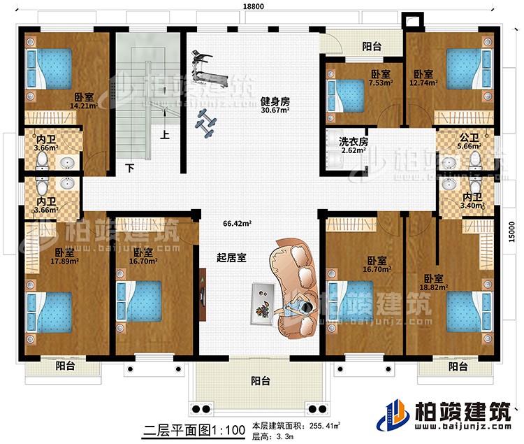 二層：7臥室、起居室、健身房、3內(nèi)衛(wèi)、公衛(wèi)、洗衣房、4陽臺(tái)