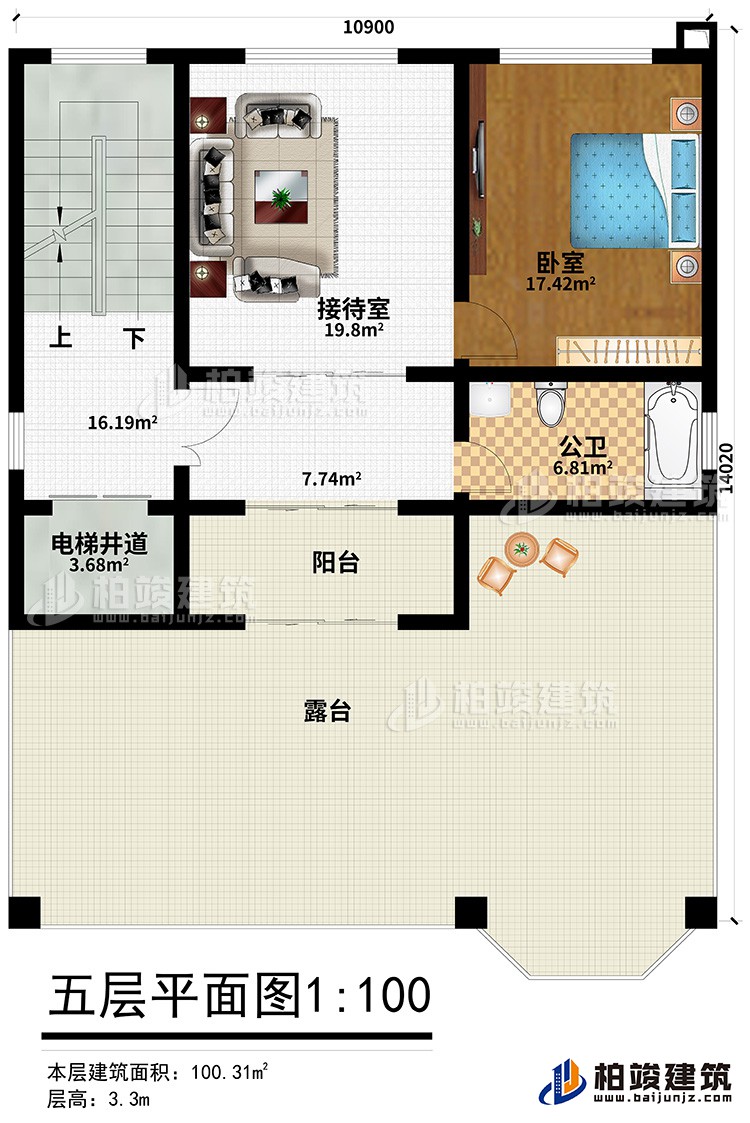 五層：接待室、臥室、公衛(wèi)、電梯井道、露臺(tái)、陽(yáng)臺(tái)