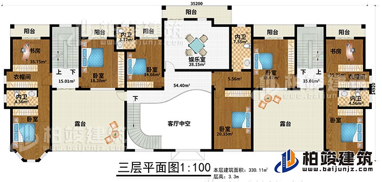 三層：6臥室、2衣帽間、2書(shū)房、4內(nèi)衛(wèi)、娛樂(lè)室、6陽(yáng)臺(tái)、2露臺(tái)、客廳中空