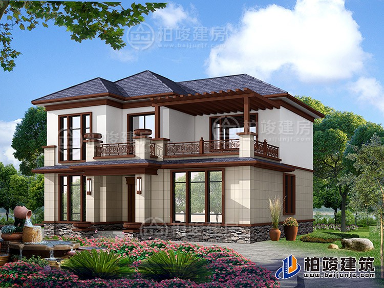 2019新款農(nóng)村20萬(wàn)元二層小樓圖，占地140平米左右BZ288-新中式風(fēng)格