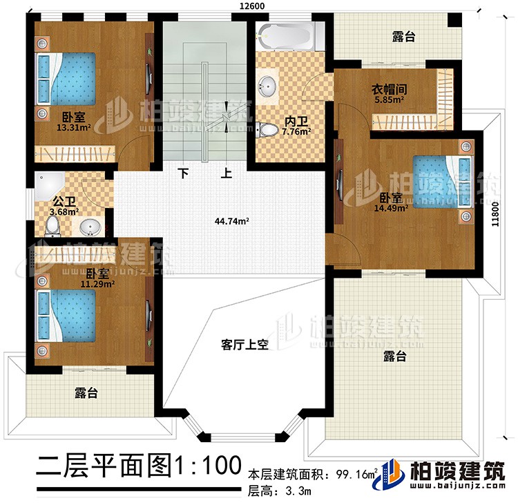 二層：3臥室，衣帽間、公衛(wèi)、內(nèi)衛(wèi)、3露臺(tái)、客廳上空