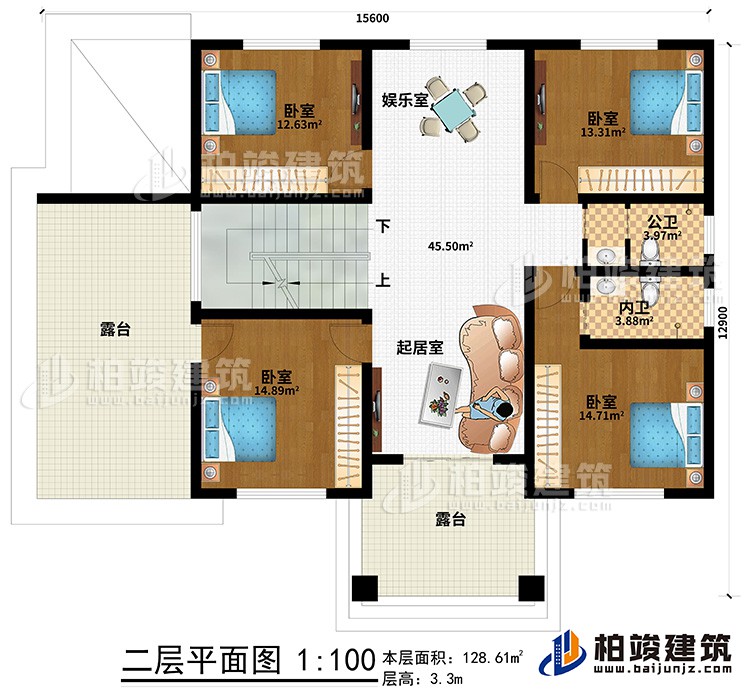 二層：4臥室，內(nèi)衛(wèi)，公衛(wèi)，起居室，樓梯，棋牌室，2露臺(tái)