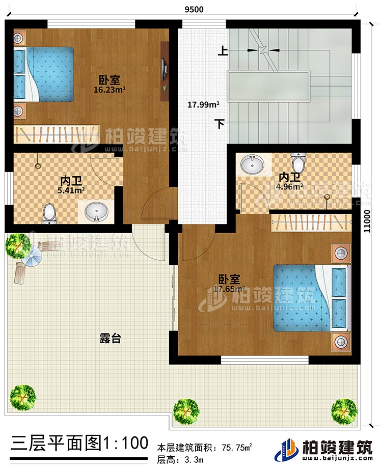 三層：2臥室、2內(nèi)衛(wèi)、露臺