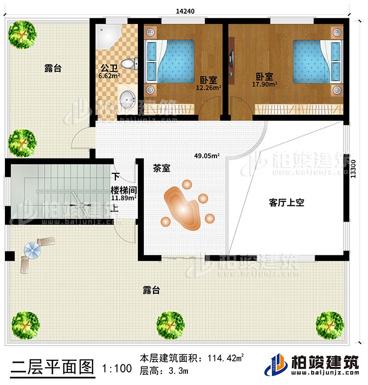 二層：客廳上空、茶室、樓梯間、2臥室、公衛(wèi)、2露臺