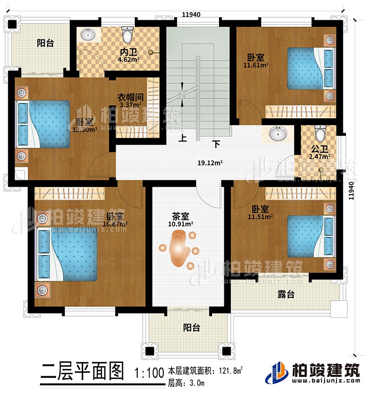 二層：4臥室、衣帽間、茶室、公衛(wèi)、內(nèi)衛(wèi)、2陽(yáng)臺(tái)、露臺(tái)