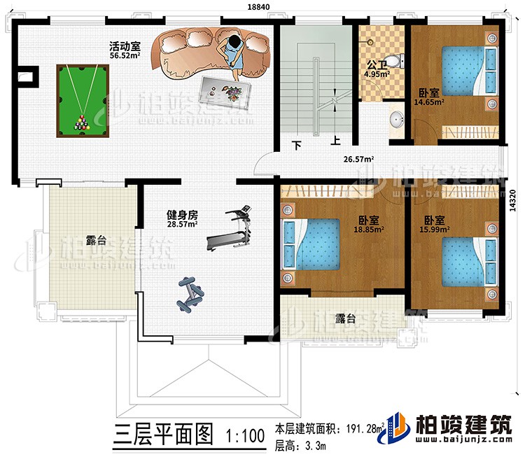 三層：健身房、活動室、3臥室、公衛(wèi)、２露臺