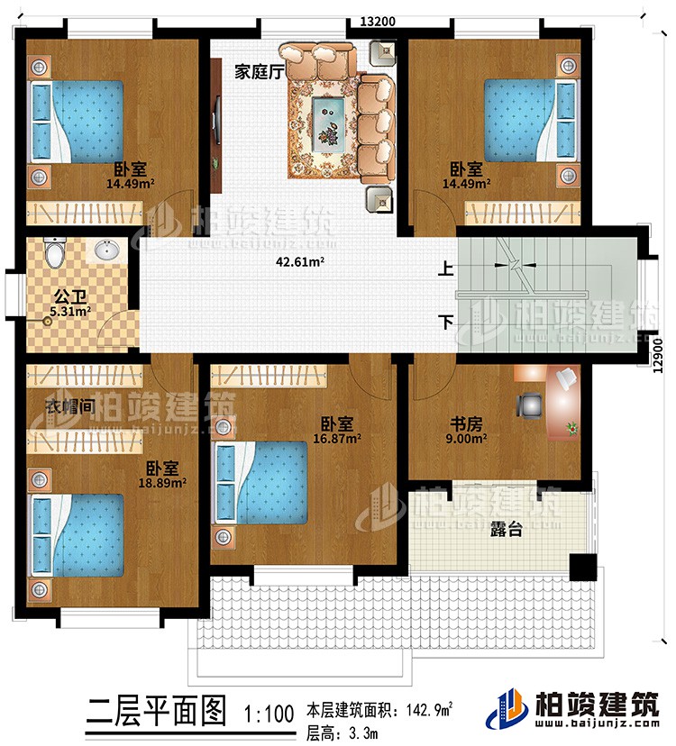 二層：4臥室、公衛(wèi)、衣帽間、書房、露臺(tái)、家庭廳