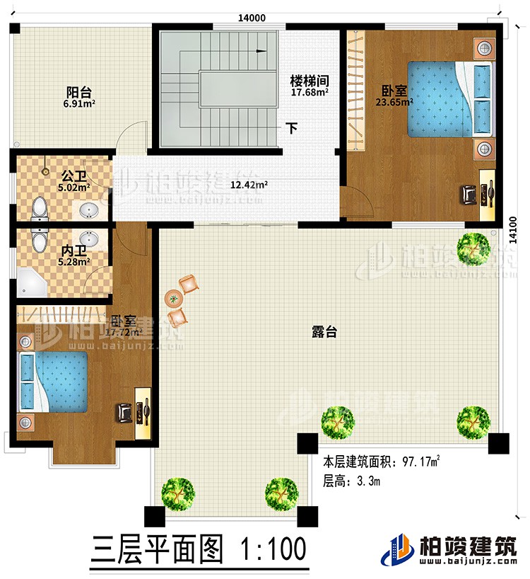 三層：2臥室、樓梯間、公衛(wèi)、內(nèi)衛(wèi)、陽臺(tái)、露臺(tái)