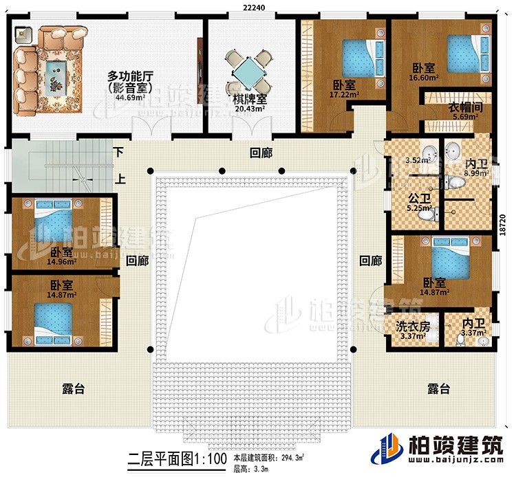 二層：多功能廳（影音室）、棋牌室、5臥室、衣帽間、公衛(wèi)、2內(nèi)衛(wèi)、洗衣房、3回廊、2露臺