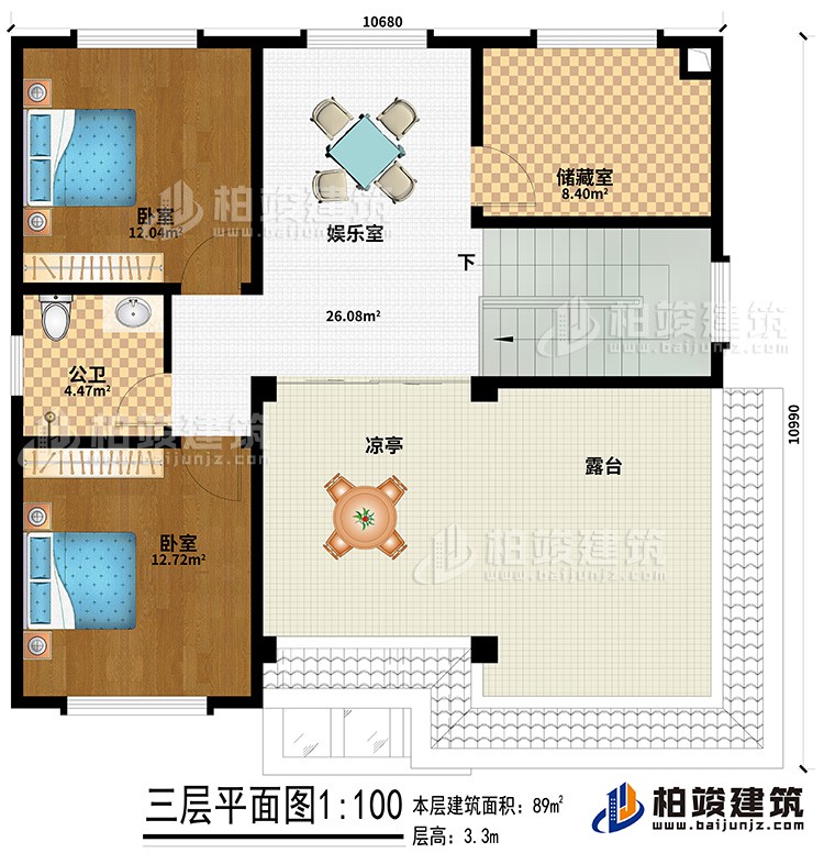 三層：娛樂室、儲藏室、公衛(wèi)、臥室、涼亭、露臺