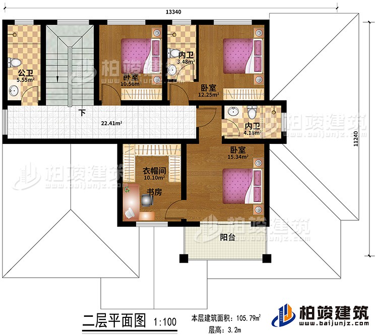 二層：3臥室，3衛(wèi)，客廳，陽臺(tái)，衣帽間/書房