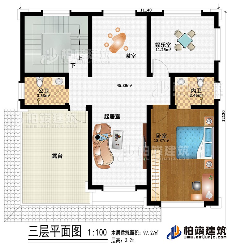 三層：起居室、茶室、娛樂(lè)室、公衛(wèi)、內(nèi)衛(wèi)、臥室、露臺(tái)