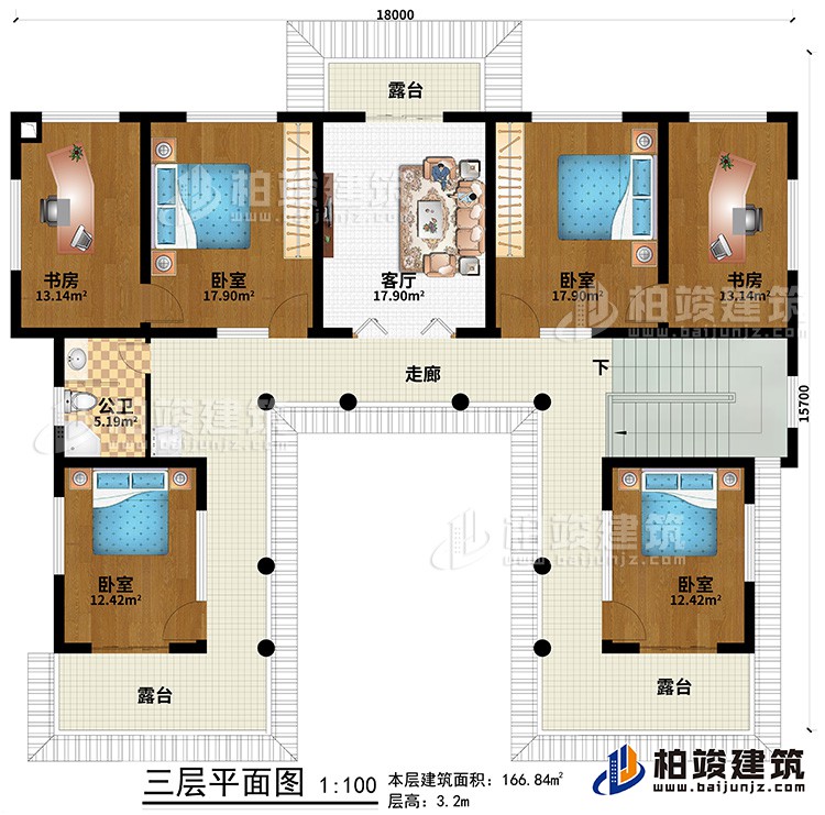 三層：走廊、3臥室、2書房、客廳、3露臺、公衛(wèi)