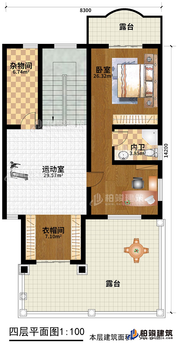 四層：臥室，內(nèi)衛(wèi)，運動室，雜物間，衣帽間，2露臺