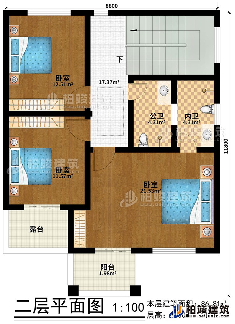 二層：3臥室、公衛(wèi)、內(nèi)衛(wèi)、陽臺、露臺