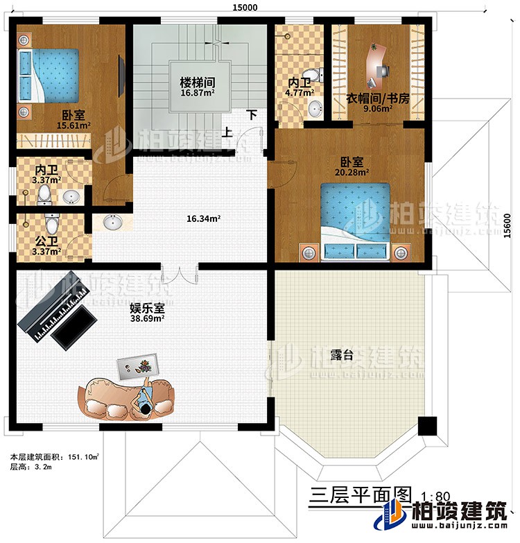 三層：樓梯間、娛樂(lè)室、2臥室、衣帽間/書房、2內(nèi)衛(wèi)、公衛(wèi)、露臺(tái)