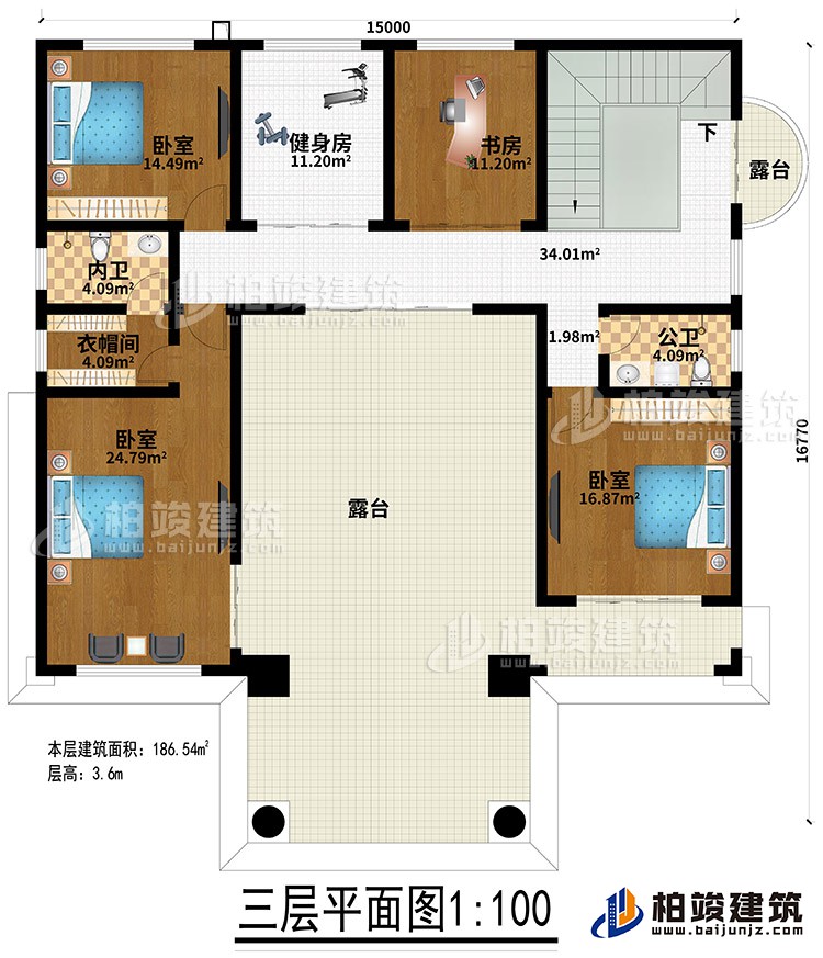 三層：3臥室、健身房、衣帽間、內(nèi)衛(wèi)、公衛(wèi)、健身房、書(shū)房、2露臺(tái)