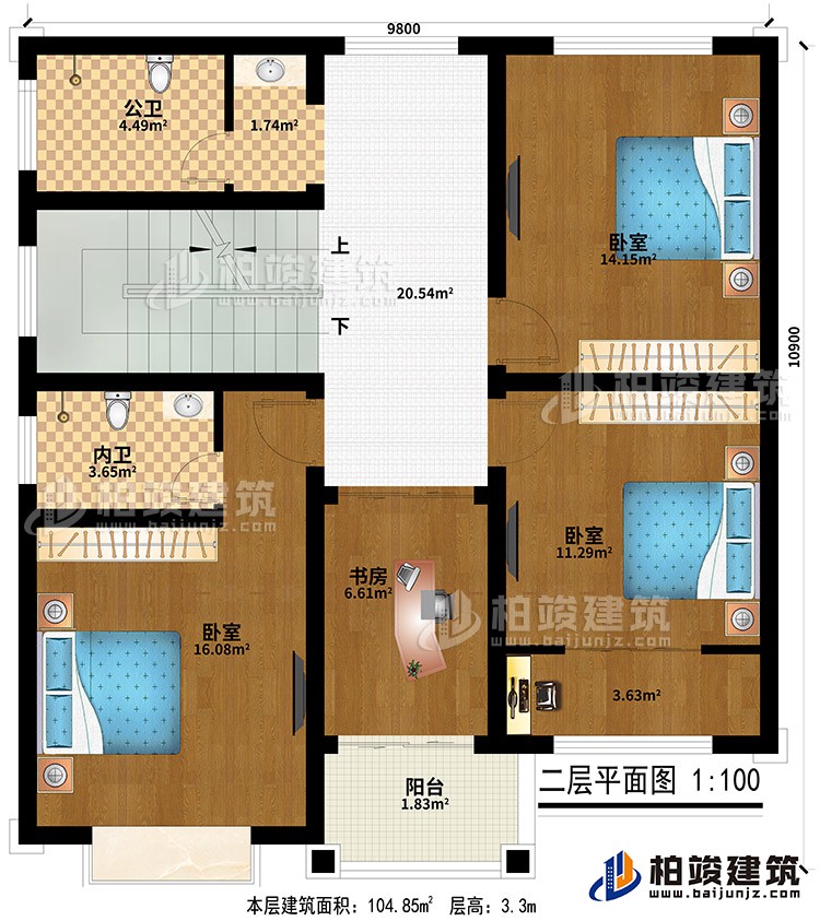 二層：3臥室、公衛(wèi)、內(nèi)衛(wèi)、書房、陽(yáng)臺(tái)