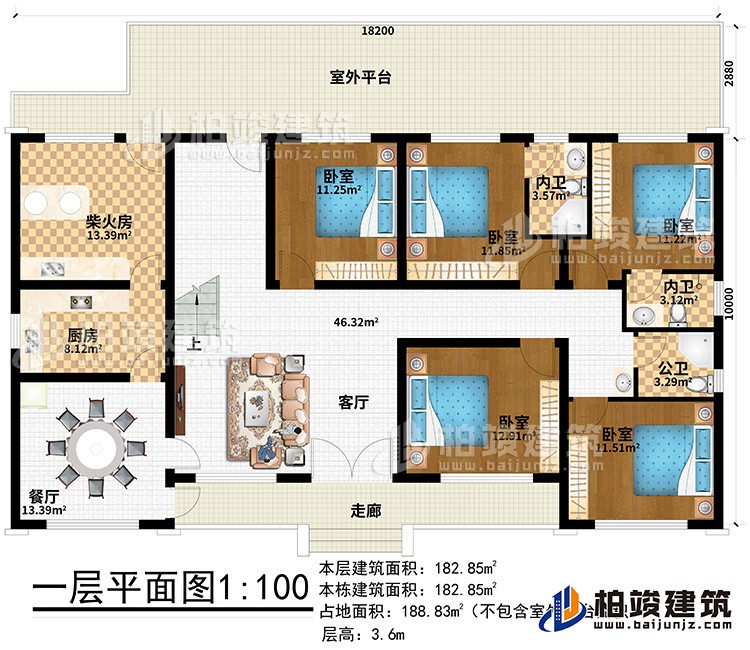 一層：走廊、客廳、餐廳、廚房、柴火房、室外平臺、5臥室、2內(nèi)衛(wèi)、公衛(wèi)