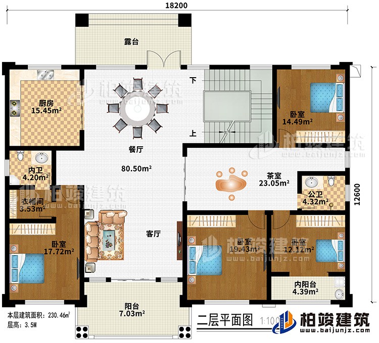 二層：客廳、餐廳、廚房、茶室、4臥室、衣帽間、內(nèi)衛(wèi)、公衛(wèi)、2陽臺、露臺