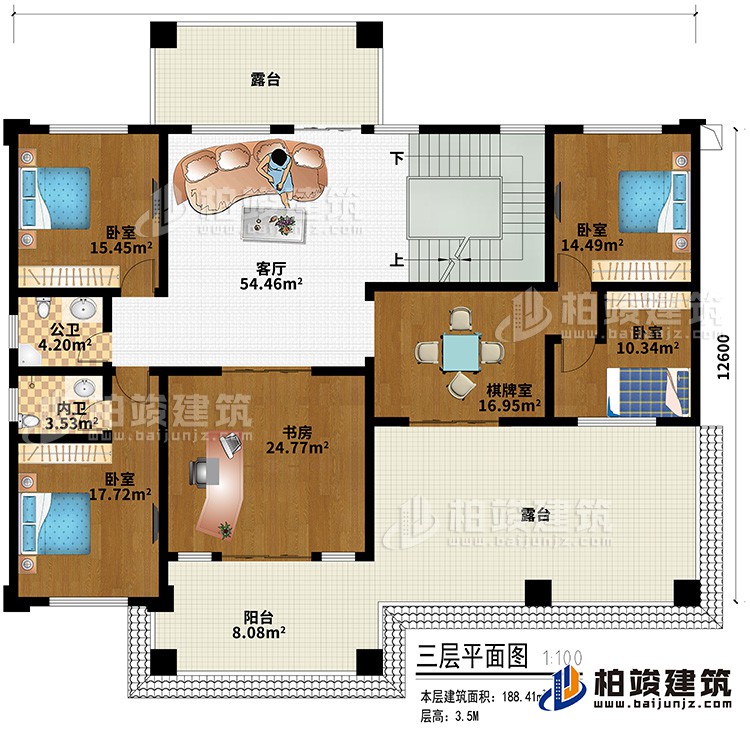三層：客廳、4臥室、書房、棋牌室、內(nèi)衛(wèi)、公衛(wèi)、陽臺、2露臺