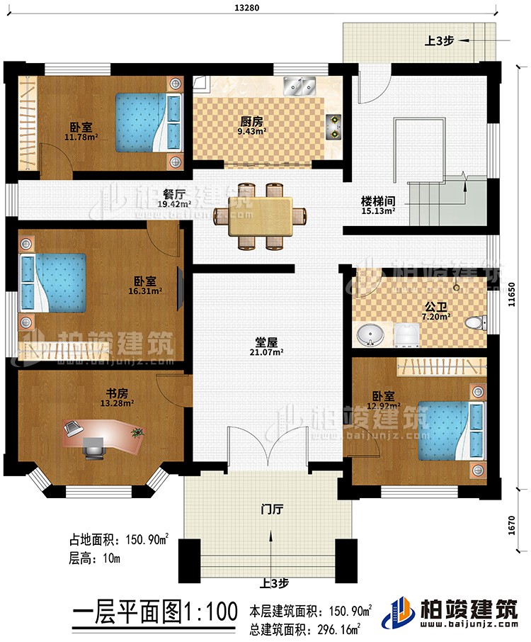 一層：門廳、堂屋、餐廳、廚房、樓梯間、3臥室、書房、公衛(wèi)