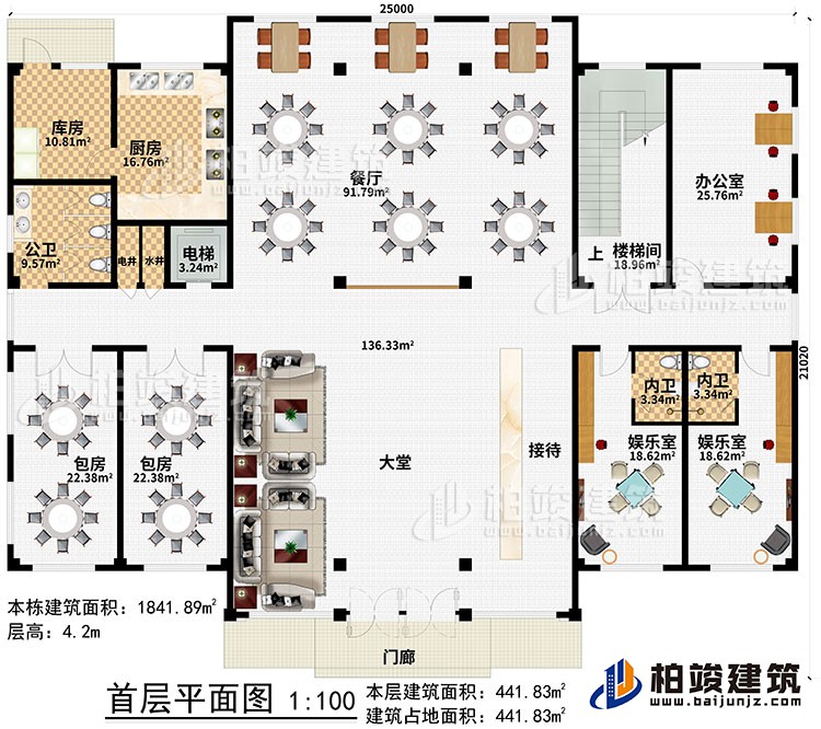 一層：門廊、大堂、接待、2娛樂室、2內(nèi)衛(wèi)、辦公室、樓梯間、餐廳、電梯、電井、水井、廚房、庫房、公衛(wèi)、2包房