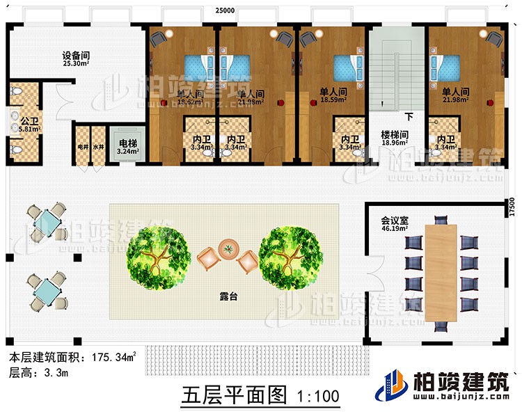 五層：樓梯間、過道、電梯、水井、電井、4單人間、4內(nèi)衛(wèi)、公衛(wèi)、露臺、會議