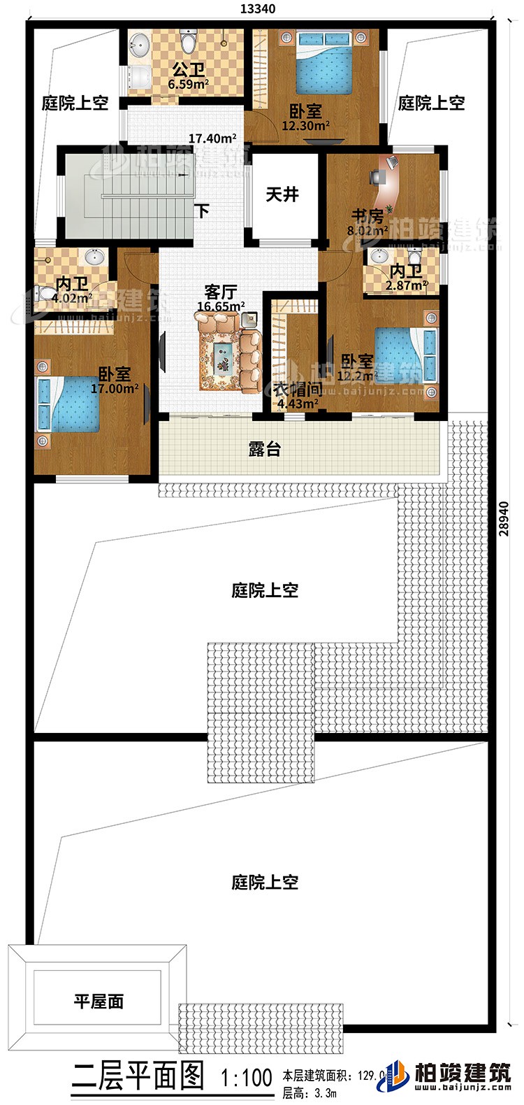 二層：平屋面、4庭院上空、3臥室、客廳、天井、衣帽間、書房、公衛(wèi)、2內(nèi)衛(wèi)