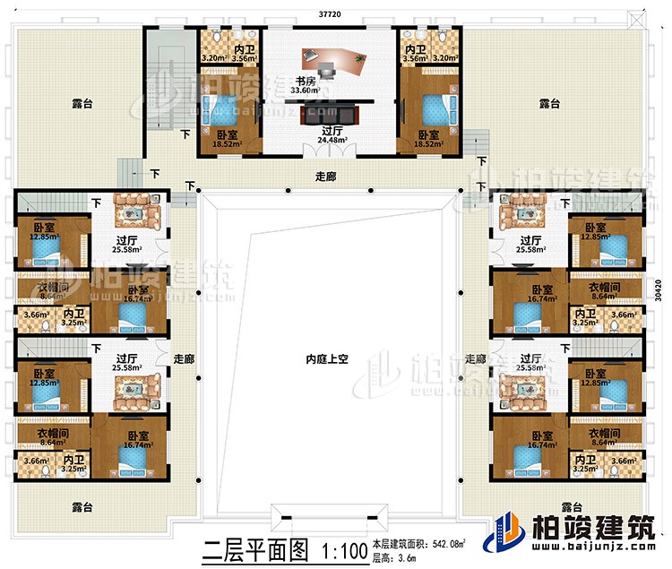 二層：內(nèi)庭上空、5過廳、書房、3走廊、4露臺(tái)、10臥室、4衣帽間、6內(nèi)衛(wèi)
