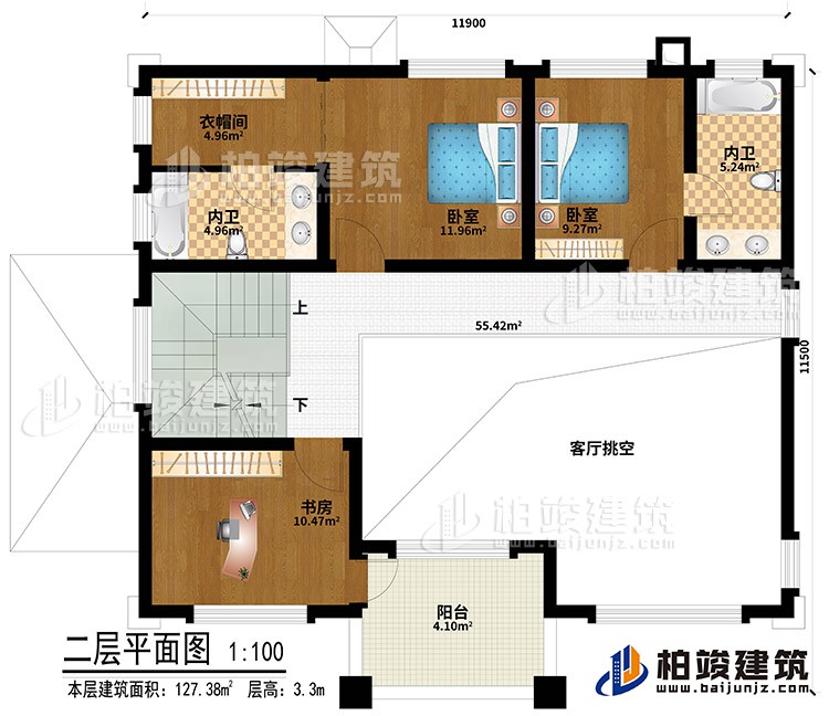 二層：客廳挑空、2臥室、衣帽間、書(shū)房、2內(nèi)衛(wèi)、陽(yáng)臺(tái)