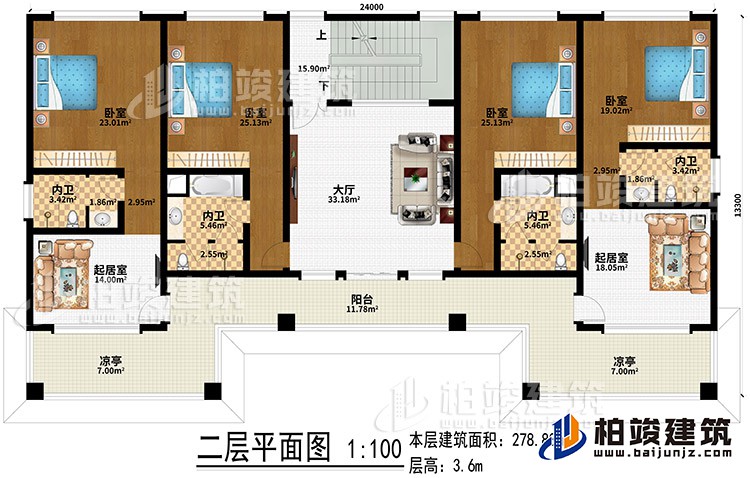 二層：大廳、2起居室、4臥室、4內(nèi)衛(wèi)、陽臺(tái)、2涼亭