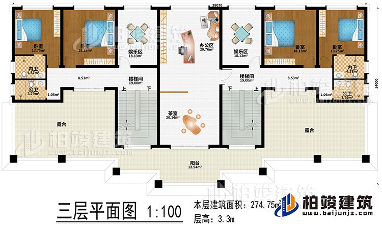 三層：辦公區(qū)、茶室、2樓梯間、2娛樂區(qū)、4臥室、2公衛(wèi)、2內(nèi)衛(wèi)、2露臺