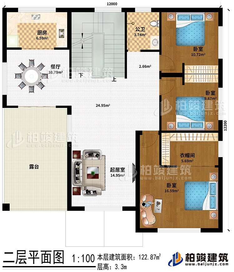 二層：起居室、餐廳、廚房、公衛(wèi)、3臥室、衣帽間、露臺(tái)