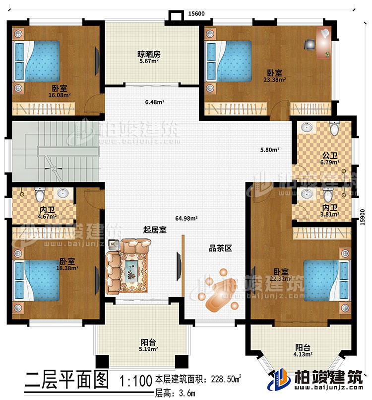 二層：起居室、品茶區(qū)、4臥室、公衛(wèi)、2內(nèi)衛(wèi)、晾曬房、2陽臺(tái)