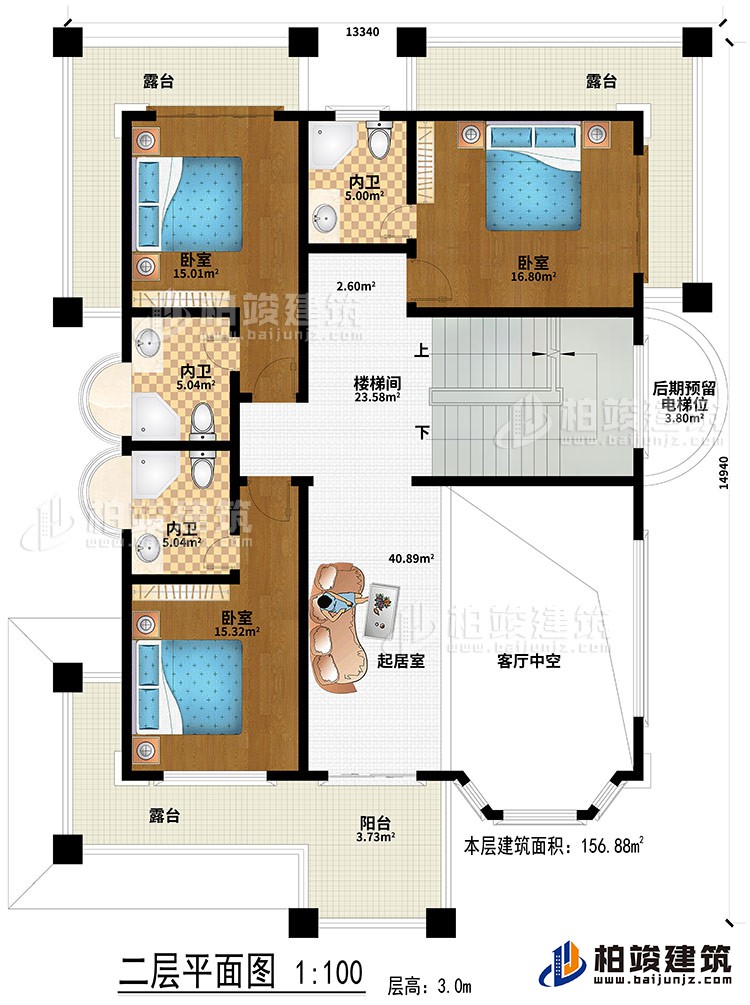 二層：起居室、客廳中空、樓梯間、3臥室、3內(nèi)衛(wèi)、陽臺、3露臺、后期預留電梯位