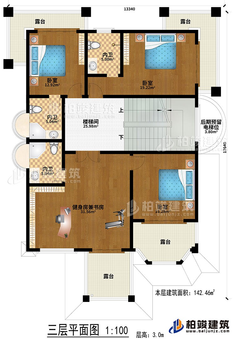 三層：樓梯間、健身房兼書房、3臥室、3內(nèi)衛(wèi)、后期預留電梯位、4露臺